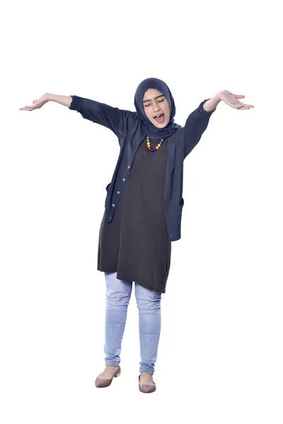 Μουσουλμανική Γυναίκα Της Ασίας Ευτυχισμένο Χειρονομία Που Απομονώνονται Λευκό Φόντο — Φωτογραφία Αρχείου