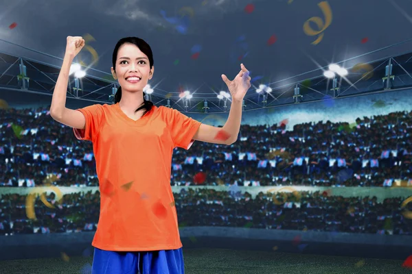 Asian Soccer Player Woman Celebrate Win Stadium — Stock Photo, Image