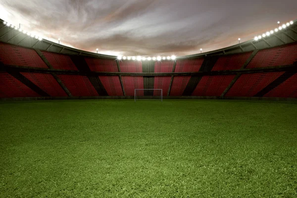Futbol Stadyumu ile yeşil çim ve günbatımı gökyüzü üzerinde boş tribün