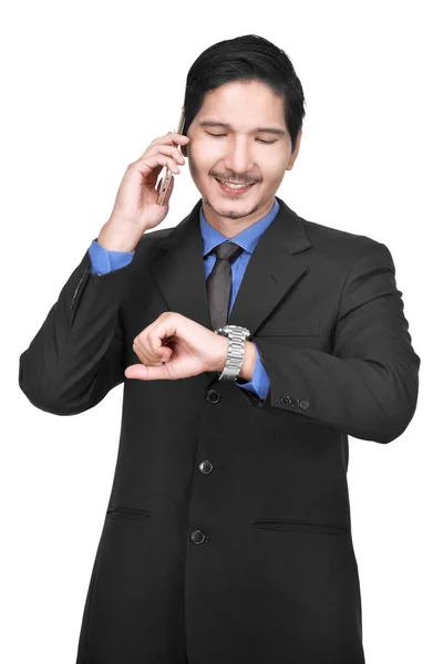 Asiatico Uomo Affari Utilizzando Smartphone Sfondo Bianco — Foto Stock