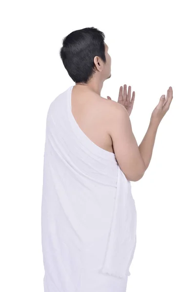Rear View Asian Muslim Man Ihram Cloth Praying Isolated White — Stock Photo, Image