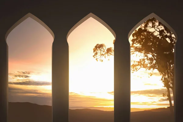 Moskee Boog Met Prachtige Zonsondergang — Stockfoto