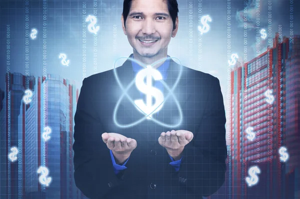 Handsome asian businessman showing digital money in his palm. Business concept