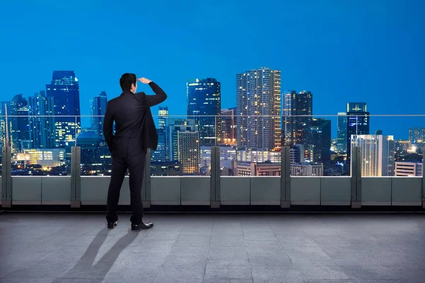 Portrait Asian Businessman Looking Out City Balcony Night — Stock Photo, Image