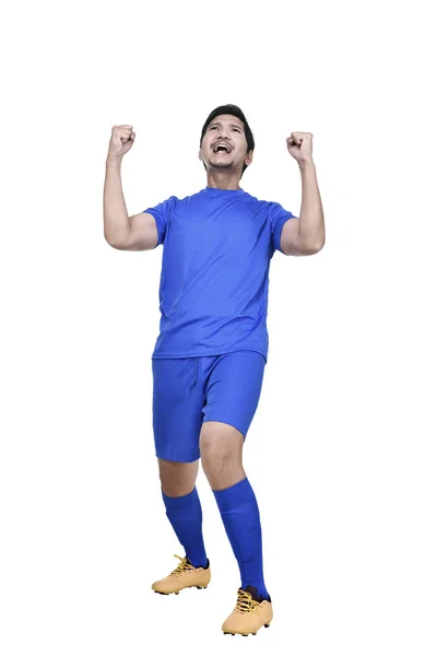 Ενθουσιασμένος Ασιατισα Αρσενικό Ποδοσφαιριστής Που Παρουσιάζουν Γιορτάζουν Απομονωθεί Λευκό Φόντο — Φωτογραφία Αρχείου