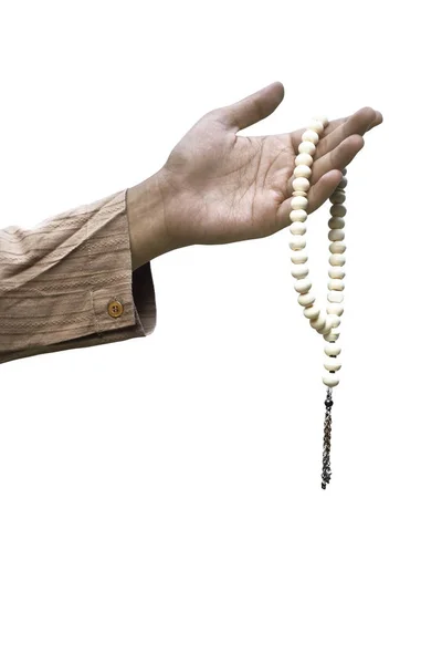 Muslim Hand Holding Prayer Beads Isolated White Background — Stock Photo, Image