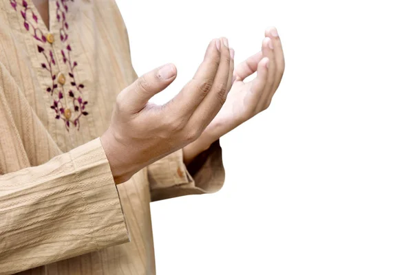 Muslimischer Mann Hebt Die Hand Und Betet Isoliert Auf Weißem — Stockfoto