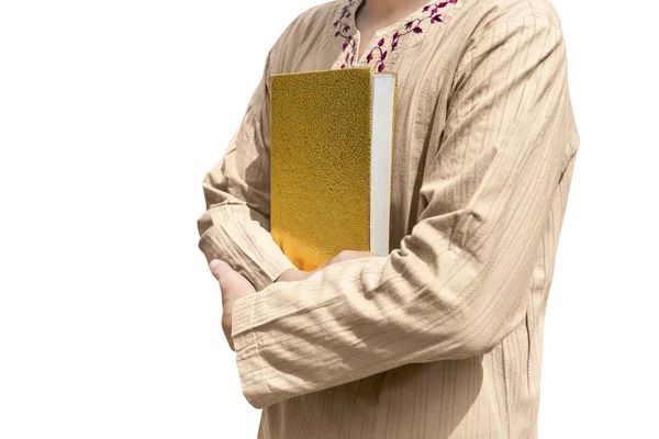 Moslim Man Met Quran Geïsoleerd Witte Achtergrond — Stockfoto