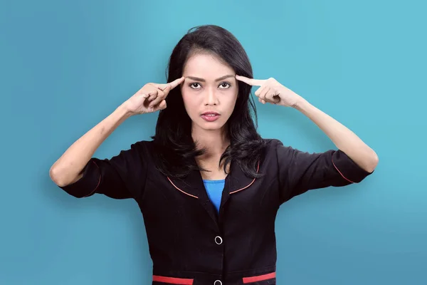 Focused Asian Business Woman Thinking Hard Blue Background — Stock Photo, Image