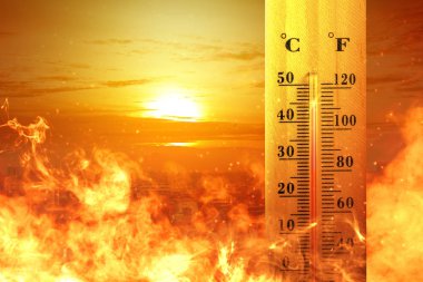 Thermometer with high temperature on the city with glowing sun b clipart