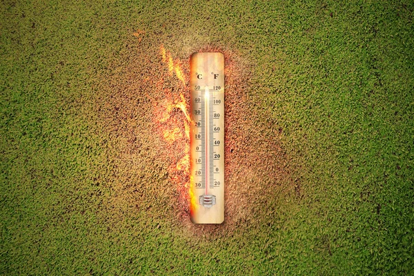 Thermometer with high temperature on the meadow with glowing sun