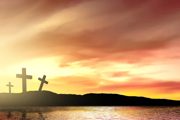 湖边的基督教十字架 — 图库照片