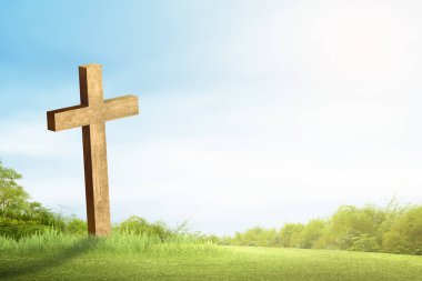 Hıristiyan haçı güneş ışığıyla yeşil çimlerin üzerinde