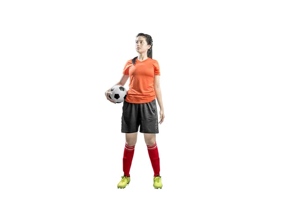 Asiatico giocatore di calcio donna holding il palla — Foto Stock