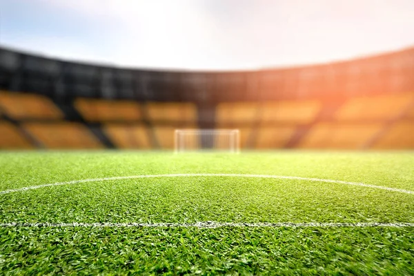 Verde hierba y portero de fútbol con tribuna —  Fotos de Stock