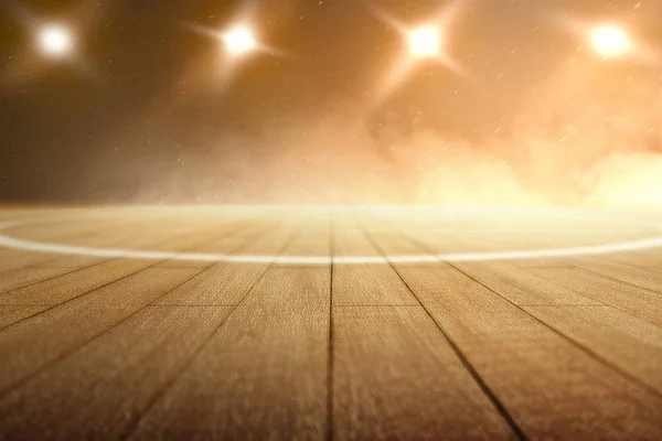 Close up view of a basketball court with wooden floor and spotli — Stock Photo, Image