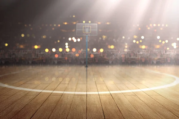 Баскетбольний майданчик з дерев'яною підлогою і трибуною — стокове фото