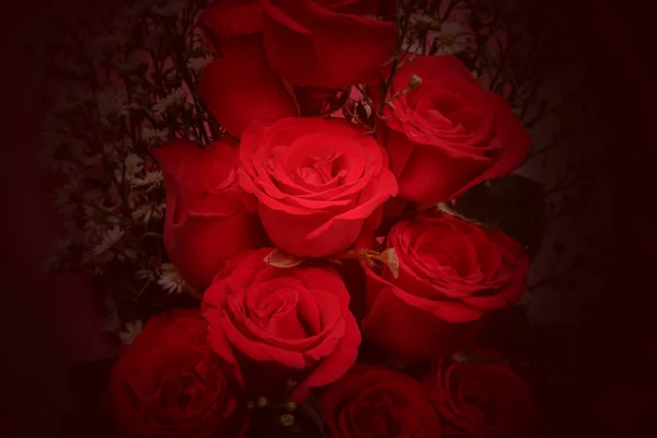 Вид на букет из красных роз, завернутый в бумагу — стоковое фото