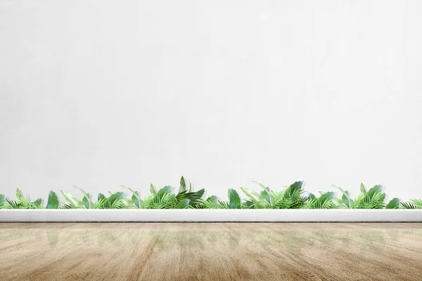 Terraza Mezquita Con Suelo Madera Plantas Verdes Con Fondo Pared — Foto de Stock