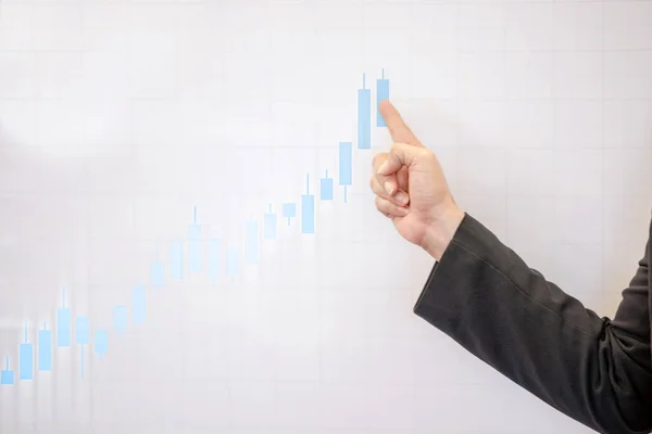 Business Hands Pointing Presentation Board Financial Chart Workplace — Stock Photo, Image