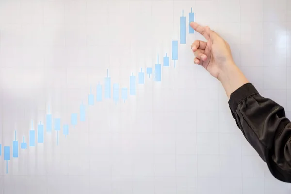 Business Hands Pointing Presentation Board Financial Chart Workplace — Stock Photo, Image