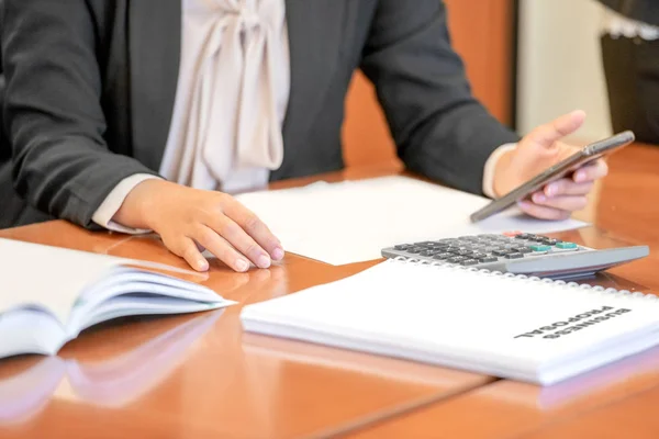 Businesswoman Mobile Phone Her Hand Discussing Business Proposal Workplace — Stock Photo, Image