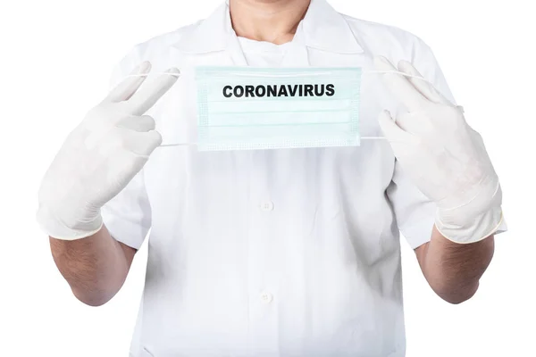 Mann Mit Schutzhandschuhen Und Grippemaske Vor Weißem Hintergrund Grippeerkrankung Coronavirus — Stockfoto