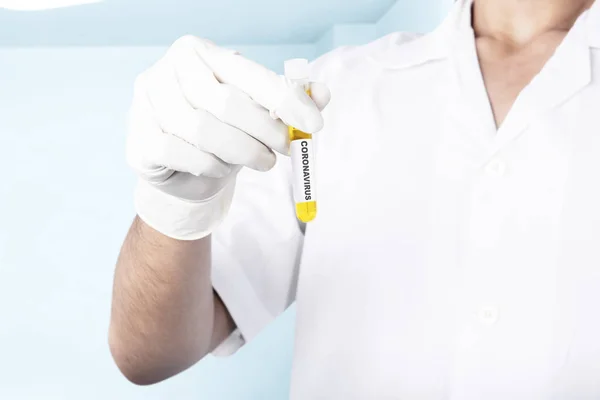 Doctor Man Protective Gloves Holding Test Tube Coronavirus Sample Prevent — Stock Photo, Image