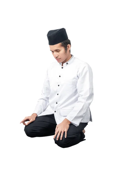 Азиатский Мусульманин Молитвенном Положении Молитва Изолированы Белом Фоне — стоковое фото