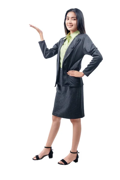 Asiatische Geschäftsfrau Zeigt Die Offene Handfläche Isoliert Vor Weißem Hintergrund — Stockfoto