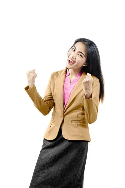 Asiatische Geschäftsfrau Mit Glücklichem Gesichtsausdruck Auf Weißem Hintergrund — Stockfoto