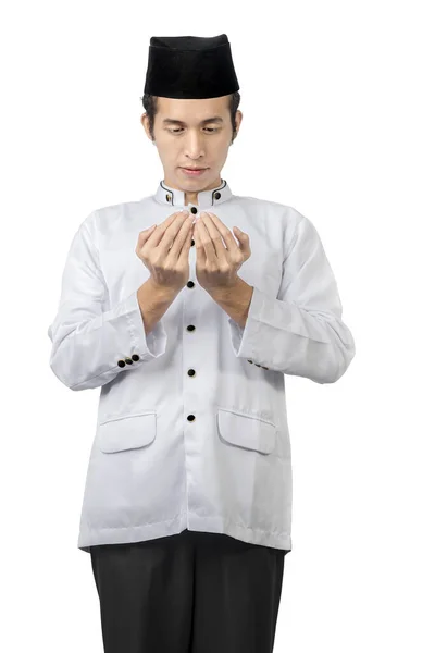 Asijské Muslim Muž Stojící Zatímco Zvedl Ruce Modlí Izolované Přes — Stock fotografie