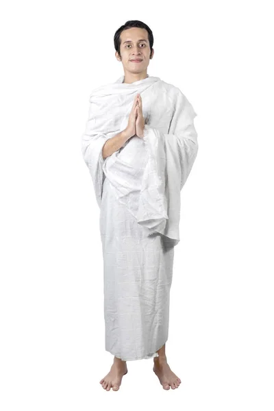 Asijské Muslim Muž Ihram Oblečení Stojící Modlí Izolované Přes Bílé — Stock fotografie