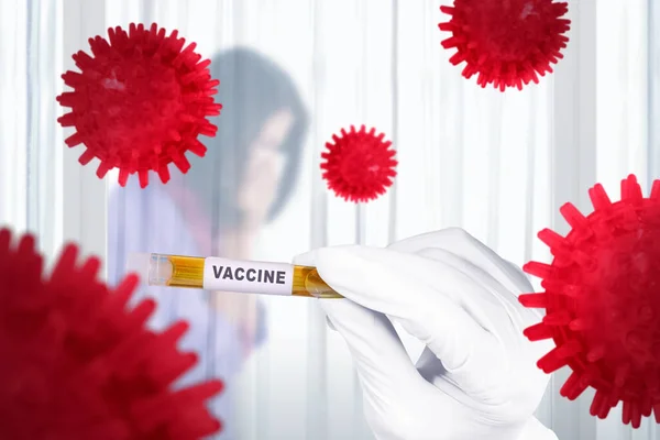 Dokter Man Beschermende Handschoenen Met Een Reageerbuis Met Vaccin Voor — Stockfoto