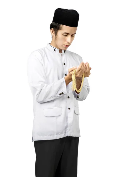 Asian Muslim Man Praying Prayer Beads His Hands Isolated White — Stock Photo, Image