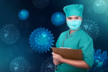Grip maskesi ve steteskoplu Asyalı hemşire elinde bir dosya tutuyor. Grip hastalığını önle Coronavirus