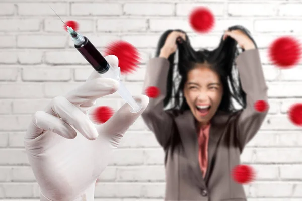 Asian Businesswoman Stress Looking Doctor Protective Gloves Holding Syringe Stop — Stock Photo, Image