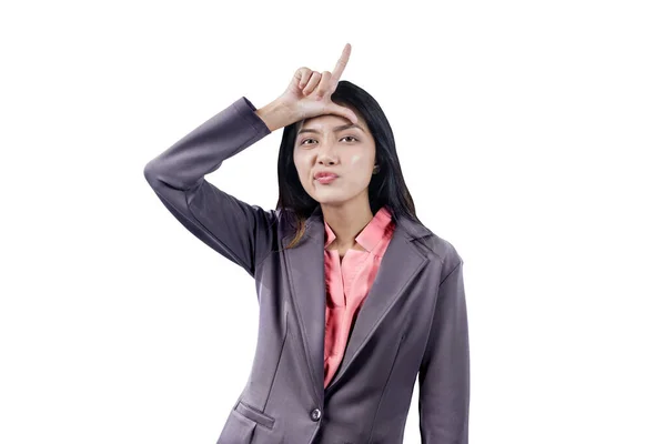 Asian Businesswoman Showing Loser Sign Isolated White Background — Stock Photo, Image