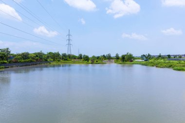 Ağaçlı göl ve mavi gökyüzü arka planında yeşil park