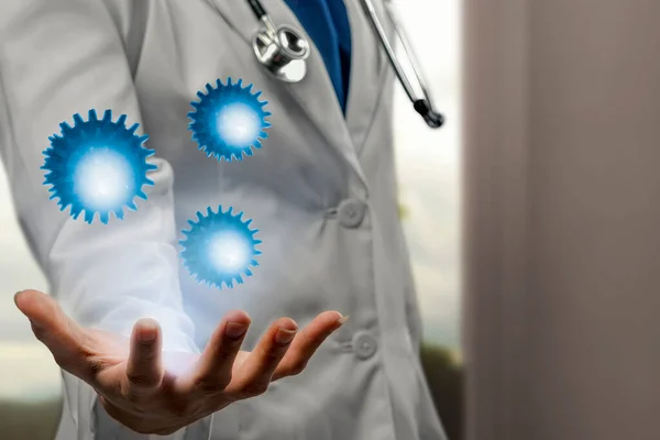 Dokter Man Met Stethoscoop Toont Virtuele Coronavirus Zijn Hand Griepziekte — Stockfoto