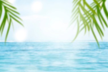 Oceanview and green palm leaf with a blue sky background