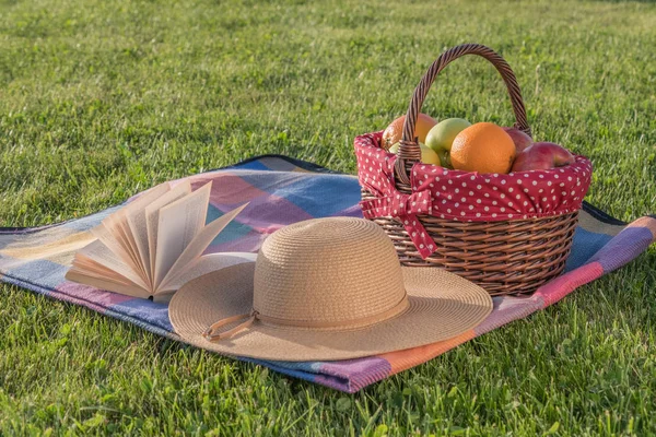 Kitap, şapka ve olgunlaşmış meyve sepeti