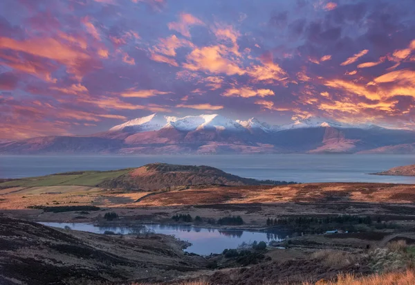 Het Eiland Arran Bij Zonsondergang Kijkend Vanaf Dalry Moor Road — Stockfoto