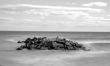 Uzun pozlama siyah ve beyaz kayalardan güneşli sabah Spring Lake, New Jersey sahilde kıyı gündüz stok fotoğraf.