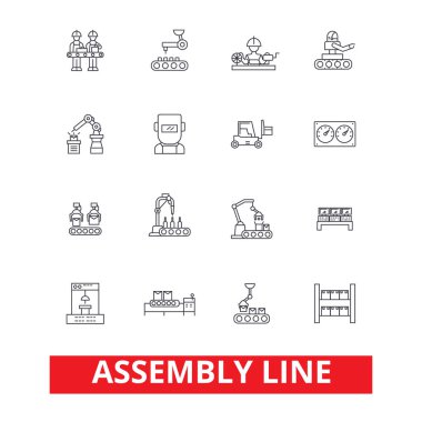 Assembly line, factory, industry, manufacturing plant, workers, conveyor line icons. Editable strokes. Flat design vector illustration symbol concept. Linear signs isolated on white background clipart