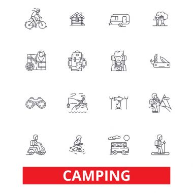 Kamp, Aile seyahat, etkinlik, hiking, kamp, Macera, turizm, tatil satırı simgeler. Düzenlenebilir vuruş. Düz tasarım vektör çizim sembolü konsepti. Beyaz arka plan üzerinde izole lineer işaretler