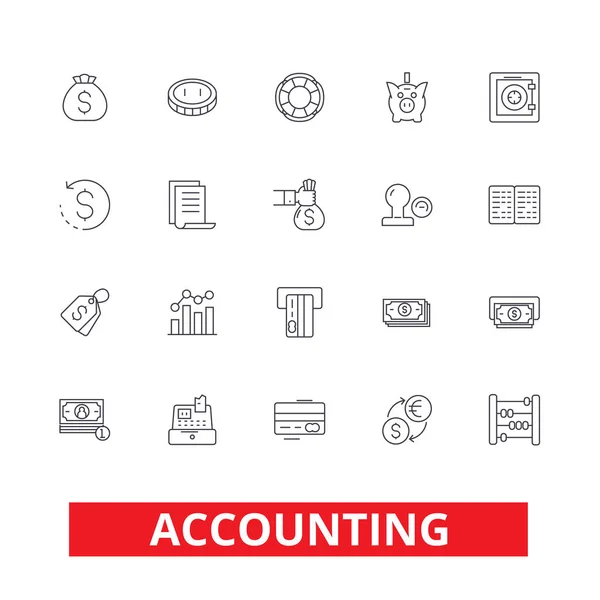 Boekhouding, business accountant, financiën, boekhouding, belasting, audit, geld lijn pictogrammen. Bewerkbare lijnen. Platte vector illustratie symbool ontwerpconcept. Lineaire tekenen geïsoleerd op witte achtergrond — Stockvector