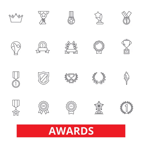 Awards, trophy, certificate, winner, ceremony, ribbon, medal, champion, prize line icons. Editable strokes. Flat design vector illustration symbol concept. Linear signs isolated on white background — Stock Vector