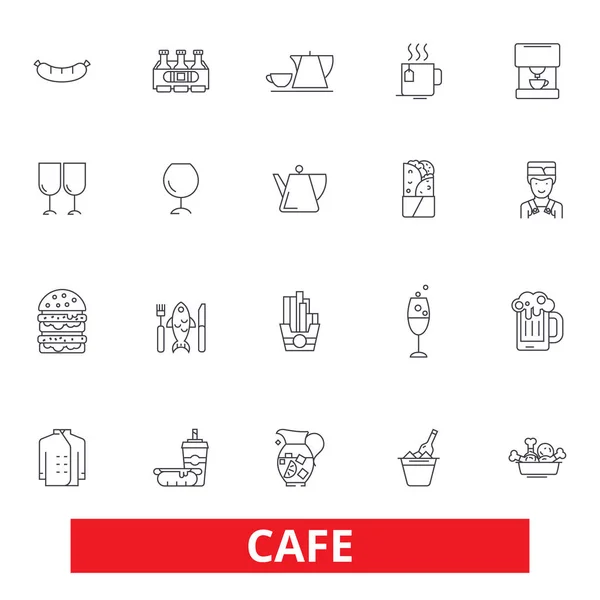 Café, cafetería, restaurante callejero, cafetería, almuerzo, cena, comer, iconos de la línea de menú. Golpes editables. Diseño plano vector ilustración símbolo concepto. Signos lineales aislados sobre fondo blanco — Archivo Imágenes Vectoriales