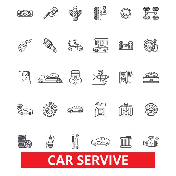 Servicio de coches, mecánico, motor, piezas, lavado, tienda de neumáticos, ingeniero, iconos de la línea de centro de automóviles. Golpes editables. Diseño plano vector ilustración símbolo concepto. Signos lineales aislados sobre fondo blanco — Archivo Imágenes Vectoriales